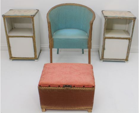 A pair of Lloyd Loom style bedside cabinets - 1930s, later painted white and gilt, with chinoiserie-style paper beneath the g