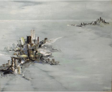 Rawe Semi-abstract seascape with stacks, possibly the Giant's Causeway Oil on canvas signed and dated 1965 (61.5 x 74.5 cm)