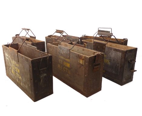 Six British army ammunition boxes - 1950s-60s, all without lids, comprising two&nbsp;.303 Ball Mk7 BDR boxes; and four .22 Ri