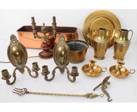 A collection of copper and brass ware - including a pair of Art Deco style brass two handled vases by Hutton, impressed maker