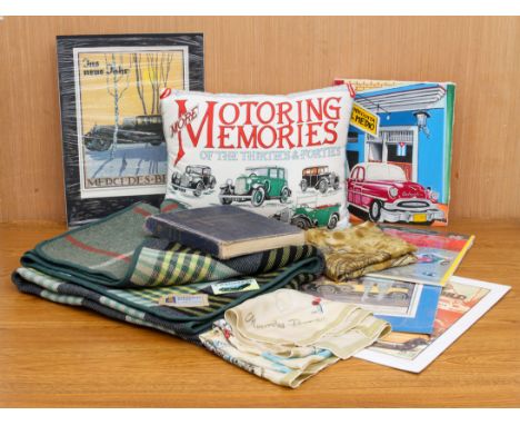 A collection of automobilia and motoring related items - including three AA &amp; RAC badges, two motor car subject silk scar