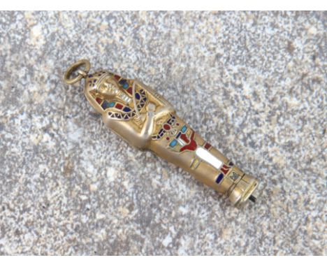 An Egyptian revival sarcophagus novelty propelling pencil - in gilt white and rose metal with enamel decoration, early 20th c