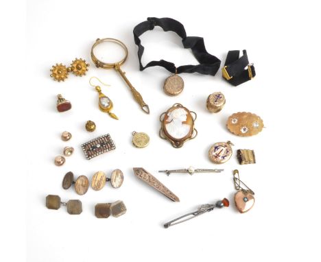 A collection of antique and vintage costume jewellery - including two rolled gold and enamel Victorian lockets; a shell cameo