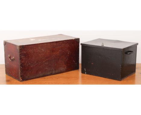 A 19th century stained pine brass bound deeds box or trunk - with side handles, the interior with removable tray (LWH 66 x 31