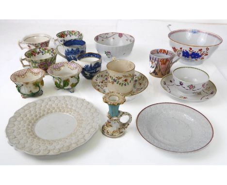 A group of 19th century English porcelain and china by New Hall, Derby etc. - including a porcelain taper stick with moulded 