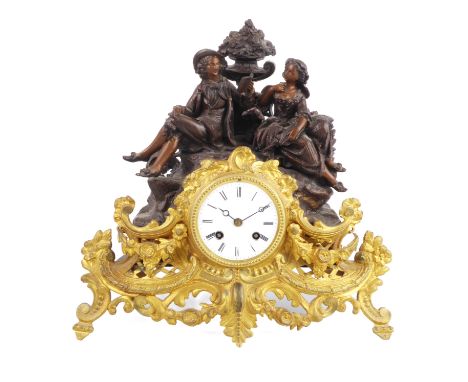 A French gilt and bronzed metal mantel clock - early 20th century, with half-hour outside countwheel bell strike movement, no