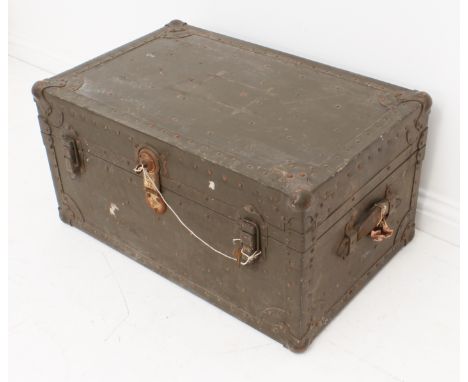 A WW2 US American army officer's travel trunk - heavy gauge wood and steel construction, painted military green, with steel b