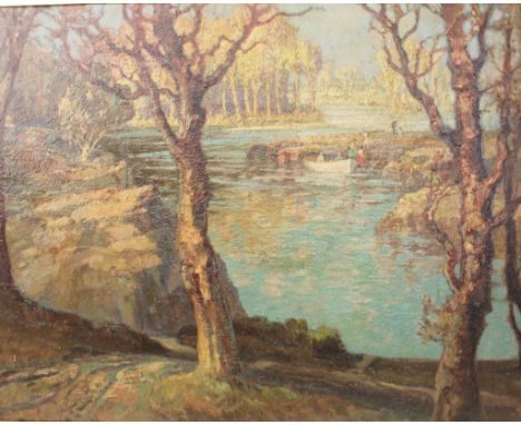 John Wilson ARA Picnic on the river Oil on board (72 x 93 cm) Gilt frame (85 x 106 cm) D. & M. Beer (Winchester Street, Salis