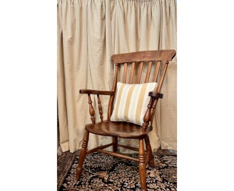 Two pairs of beige gingham check curtains with matching cushion: Pair 1 - rufflette heading, lined only (each curtain approx.