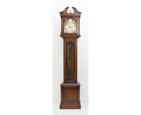 A modern oak-cased musical Tempus Fugit grandmother clock - the weight-driven movement striking the quarter hours on eight go