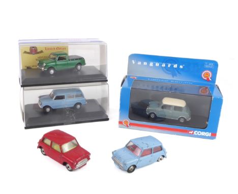 Five diecast Austin Mini models - comprising two 1960s Corgi Toys Minis - a red 225 Austin Seven Mini and light blue 226 Morr