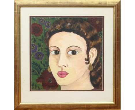 Late 20th century school Portrait of a lady gouache on linen, unsigned, gilt frame 13¾ x 14¼in. (35 x 36.2cm.)