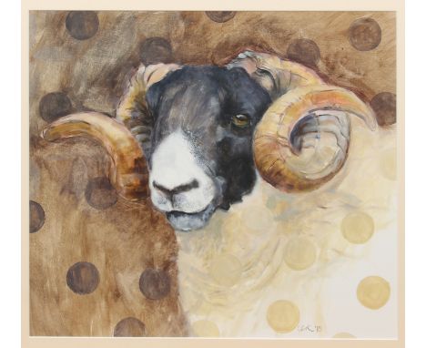British School (contemporary) Portrait of a ram watercolour and bodycolour, signed with initials 'WK' and dated (20)15 lower 