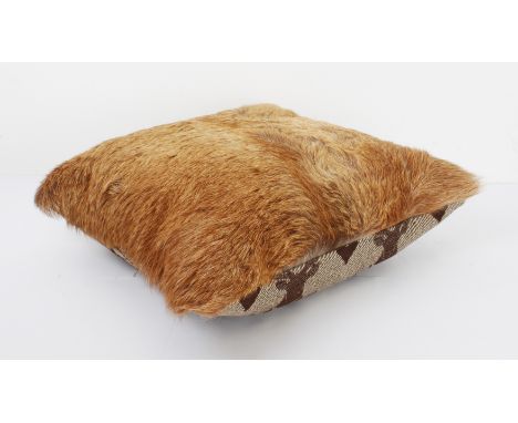 A custom made Welsh Organic Tannery deerskin cushion, the back with reindeer head fabric (49 x 49 cm)  Condition - good.
