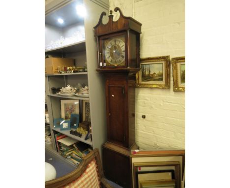 A George III mahogany and oak longcase clock, the hood with a swan neck pediment over a rectangular door and box base, the 8 