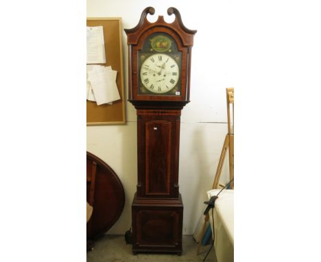 A George III mahogany long case clock by Scott, Dundee, the hood with a broken arch pediment over a box base on turned feet, 