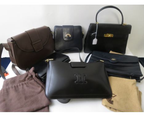 Three vintage Celine Paris leather handbags with dust bags, a navy Enzo Stilo shoulder bag, a brown Fendi handbag and one oth