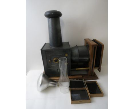 20th century Photographic Company magic lantern in a tin box, with three boxes of slides