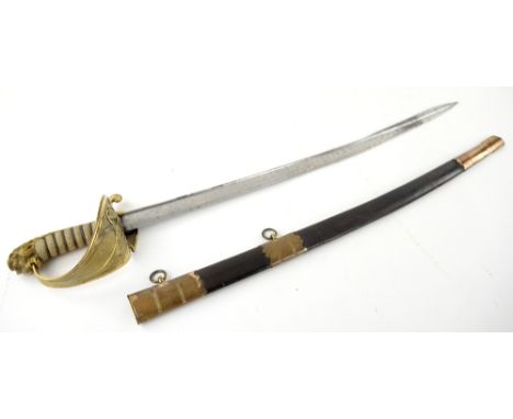 19th century Naval Officer's sword. The 1827 pattern sword , has a pommel lion's head half-basket hilt and is of gilded brass