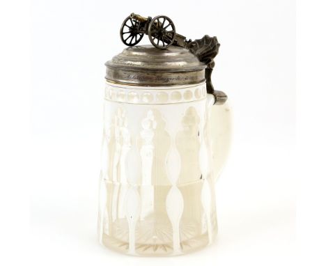 19th century Bohemian white overlay glass presentation tankard to aSecond Lieutenant from the Officers of the East Artillery 