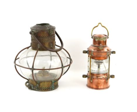Masthead lamp of onion form with burner, and a copper Anchor lamp (2).    