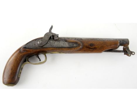 Percussion cap troopers pistol the 20cm barrel with rubbed proof marks and  the steel lockplate with a crowned arrow,.    