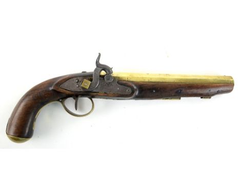 Brass Barrel Percussion Pistol the top of the 22cm barrel is stamped London and Extraproof. GR reign mark, broad arrow and pr