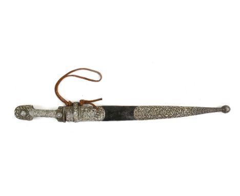 19th Century Persian / Caucasian / Islamic Kindjal Dagger the 25cm single fullered blade in a white metal and leather scabbar