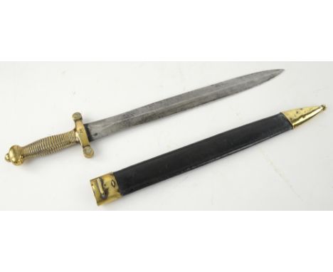 19th century double edged short sword with brass hilt, blade 48 cms, leather and brass scabbard.    