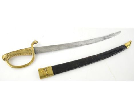 19th Century naval briquet sword, the 59cm  blade and guard stamped with an anchor, leather and brass scabbard.    