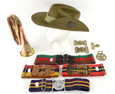 Australian Army slouch hat, four regimental belts, buckles,Argyll and Sutherland Highlanders bugle.    age appears to be earl