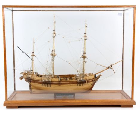 1:64 scale modle Of H.M.S. Beagle by G.T. Smart, in glazed display case, 54cm x 72cm x 26cm.    