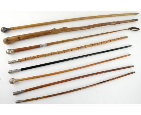 Five regimental swagger sticks, a riding crop, silver mounted cane inscribed to Pte Bayer, P 8039 L. R. B. and a blackthorn w