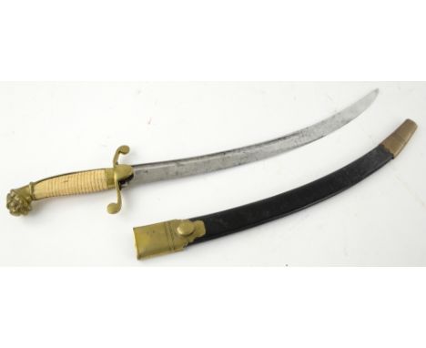 19th century curved short sword, with lion pommel and bone grip, blade 43 cms, in brass and leather scabbard.    No marks or 