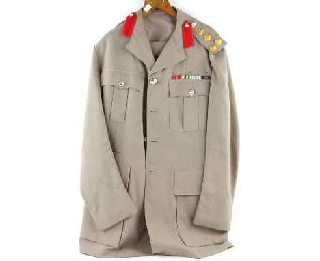 British Army Queen's Regiment two Brigadier's dress uniforms and two  warm weather service dress uniforms with medal bars for