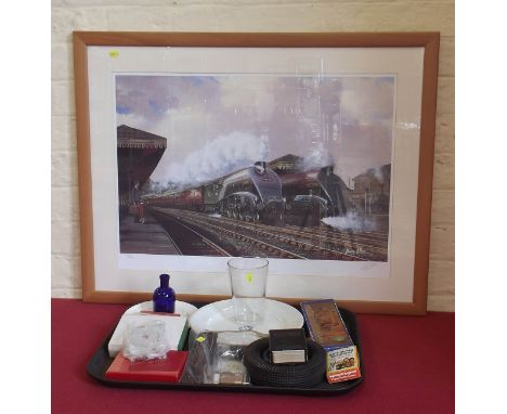 Collection of railway arna to include GWR pint glass and blue bottle, LMS fork, LNWR plate, LMS plate collection of badges, a