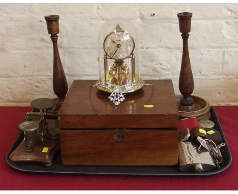 Set of brass S.Mordan + Co post office scales, KUS (Germany) dome clock, mahogany writing slope, PR oak cadlesticks, codd bot