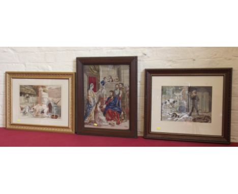 Watercolour farmland scene signed Davies 1887, coloured print by Helena Maguire and religious tapestry Condition report: see 