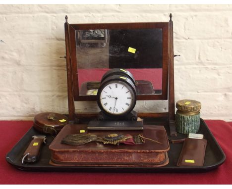 Farriers paring knife; French mantel clock; leather cased tape measure and other items; leather cased toiletry set; mirror. C