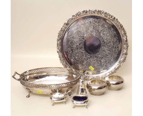 EPNS cruet set, tea light holders, EPNS tray and oval dish stand. Condition report: see terms and conditions