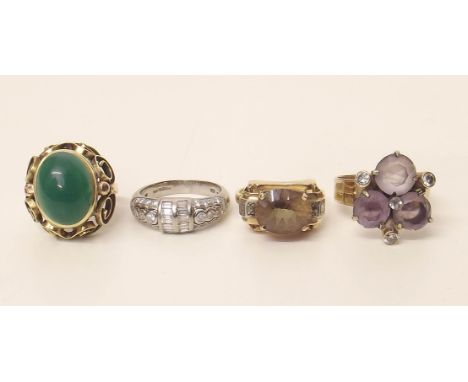 Four gem set gold rings; 14 ct jade ring, 14 ct gold French quartz ring; amethyst, diamond ring, a 750 white gold, diamond ri