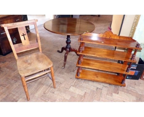 Mahogany tripod table and mahogany 3 tier shelf and chapel chair Condition report: see terms and conditions