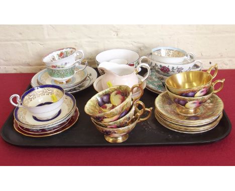 Aynsley (D.Jones) signed fruit decorated tea cups and saucers, Crown Staffs 'hunting scene' cup and saucers and miscellaneous