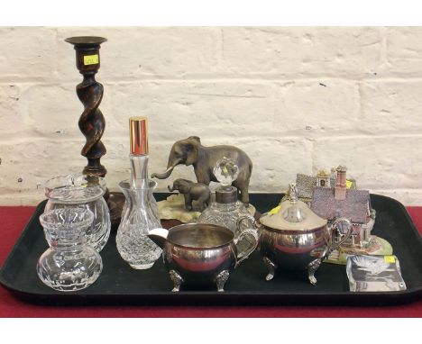 Cut glass scent bottle with silver ring, mixed cut glass, two pieces of Lilliput Lane, Border Fine Arts elephant and calf and