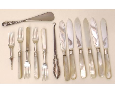 Five forks and six knives with silver blades; button hook and shoe horn Condition report: see terms and conditions