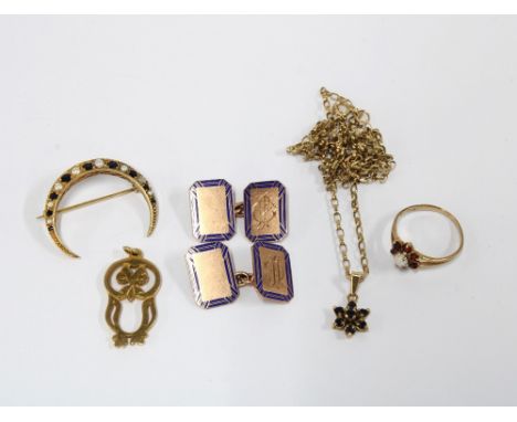 9ct gold sapphire and pearl crescent brooch, 9ct gold owl pendant, 9ct gold opal and garnet ring, a 9ct gold gemset pendant o