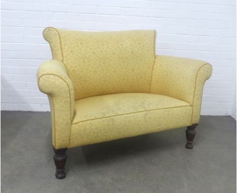 Country House two seater chair / small settee, upholstered in yellow damask, on mahogany legs  133 x 90 x 45cm.