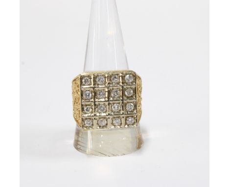 Gents diamond signet style ring, the square panel set with sixteen diamonds, band stamped 14k