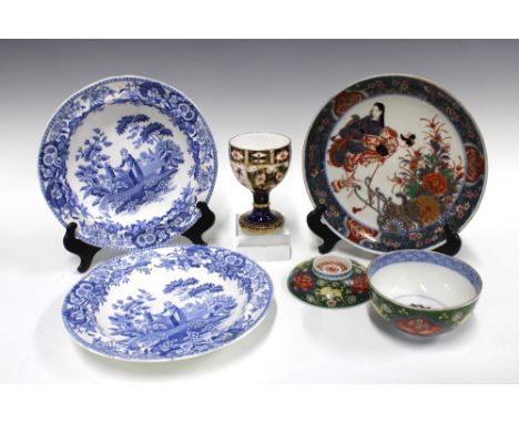 Japanese porcelain plate with figures, a Chinese bowl with cover, two Spode blue and white bowls, and Royal Crown Derby cup (