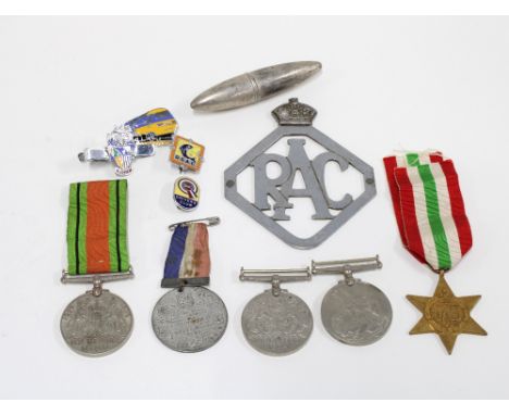 Vintage RAC car badge, Motor Car Fuel Ration book, WWII medals, enamel badges and a small atomiser in the form of a bullet